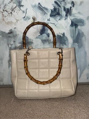 Wojas Cream Quilted Leather Tote Bamboo Handle Crossbody Bag EUC